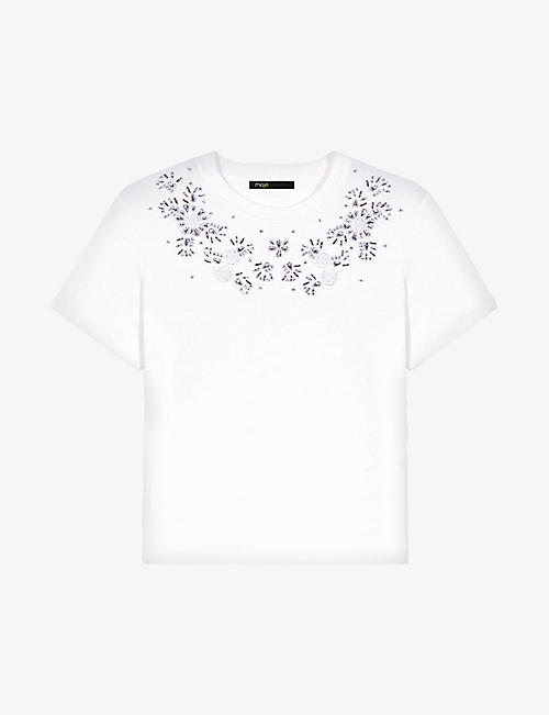 MAJE: Flower gem-embellished short-sleeve cotton T-shirt