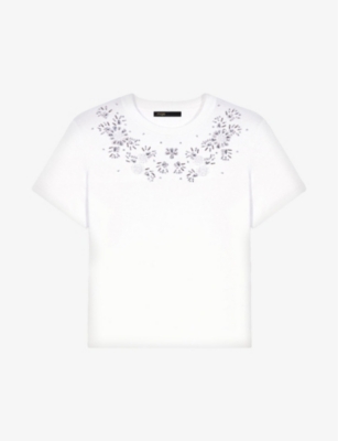 Maje Womens Blanc Flower Gem-embellished Short-sleeve Cotton T-shirt In White