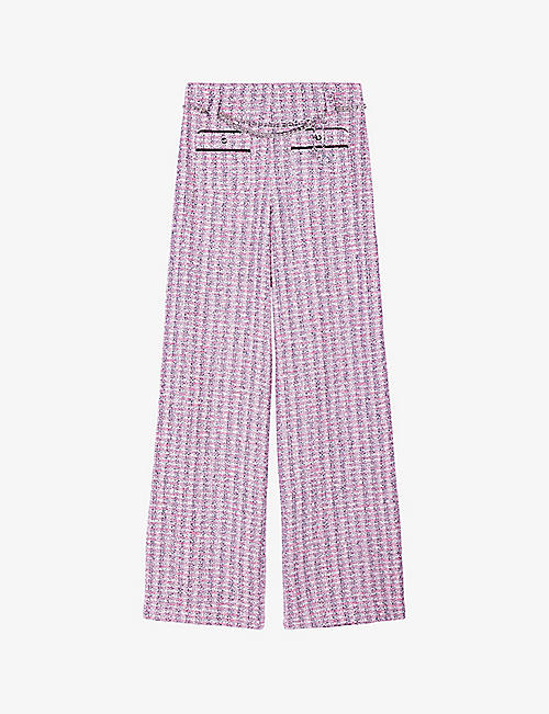 MAJE: Chain-embellished wide-leg tweed trousers
