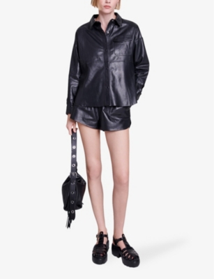 Shop Maje Womens Noir / Gris Patch-pocket Leather Shirt