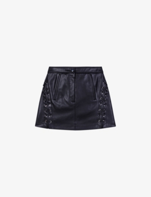 MAJE: High-rise lace-up leather mini skirt