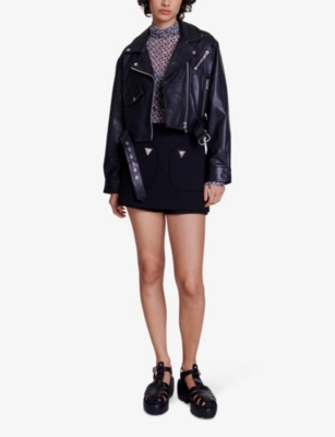 Shop Maje Women's Noir / Gris Besley Belted-waist Cropped Leather Jacket