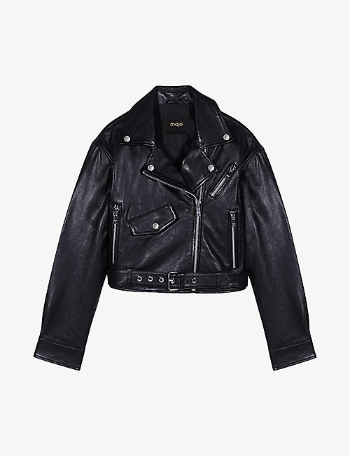 MAJE: Besley belted-waist cropped leather jacket