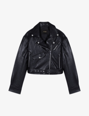 Maje Women's Noir / Gris Besley Belted-waist Cropped Leather Jacket