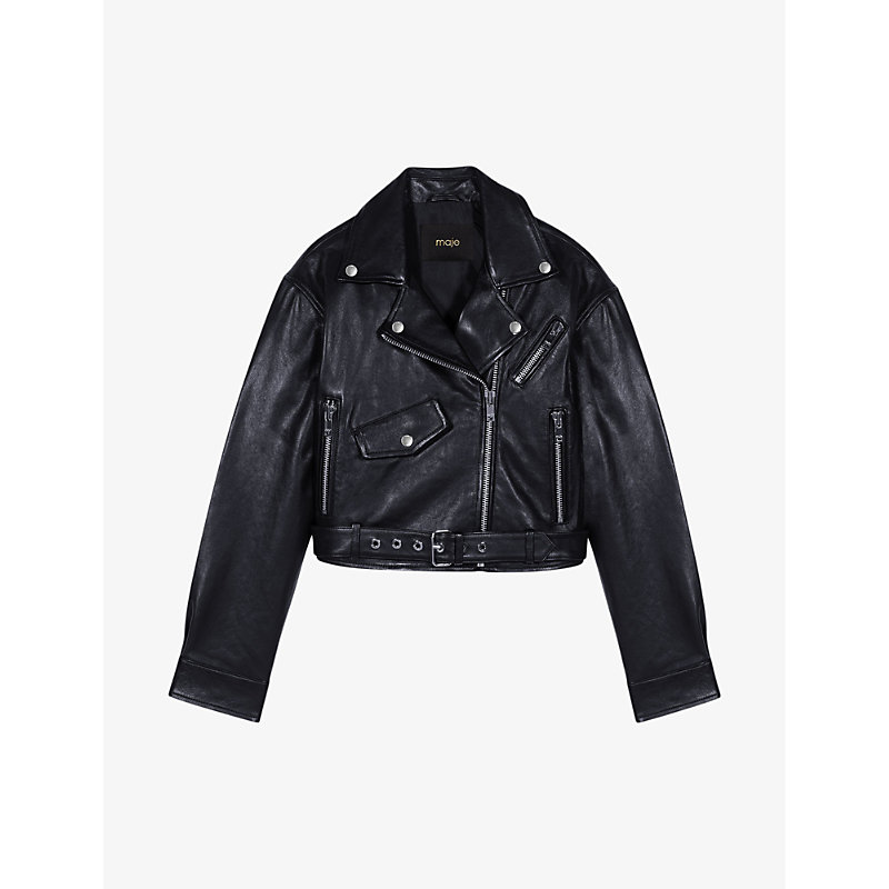 Maje Women's Noir / Gris Besley Belted-waist Cropped Leather Jacket