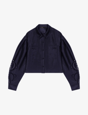 Shop Maje Women's Noir / Gris Open-embroidered Cropped Linen-blend Shirt