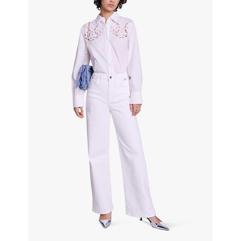 Shop Maje Womens Blanc Wide-leg High-rise Stretch-denim Jeans