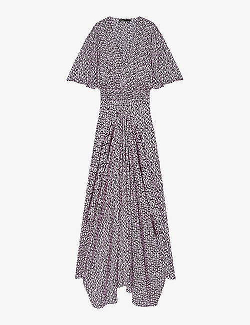 MAJE: Graphic-print shirred-waist woven midi dress