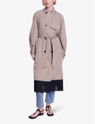 Shop Maje Womens Bruns Pleated-hem Two-tone Woven Trench Coat