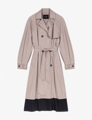 Shop Maje Womens Bruns Pleated-hem Two-tone Woven Trench Coat