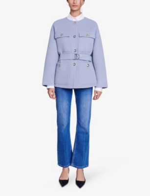 Shop Maje Women's Bleus Round-neck Tie-waist Wool-blend Jacket