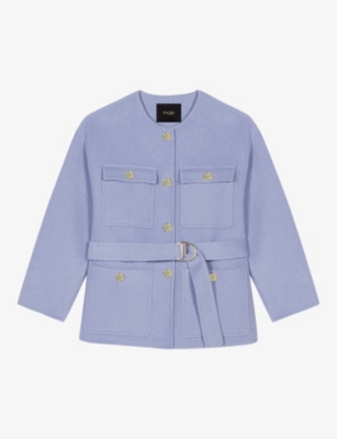 Maje Womens Bleus Round-neck Tie-waist Wool-blend Jacket