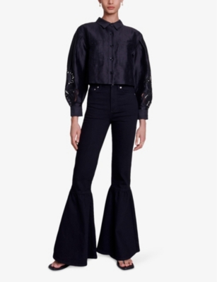 Shop Maje Women's Noir / Gris Clover-jacron Flared-leg High-rise Stretch-denim Jeans