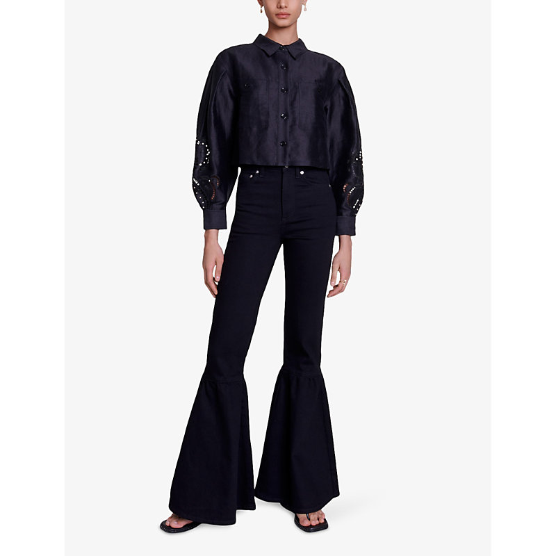 Shop Maje Women's Noir / Gris Clover-jacron Flared-leg High-rise Stretch-denim Jeans