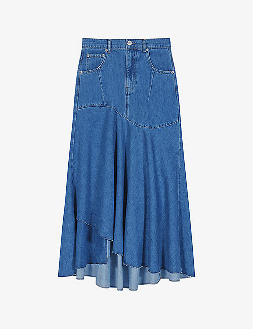 MAJE: High-rise asymmetric-hem denim maxi skirt