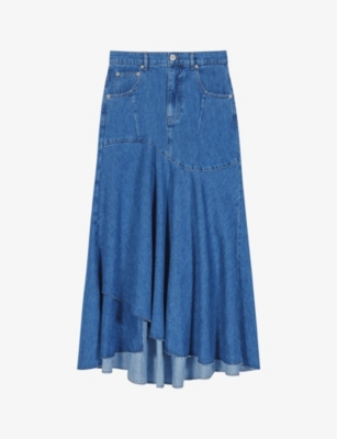 Shop Maje Womens Bleus High-rise Asymmetric-hem Denim Maxi Skirt