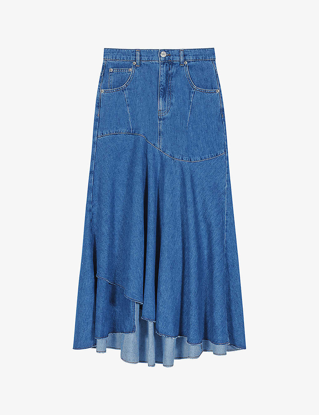 Shop Maje Women's Bleus High-rise Asymmetric-hem Denim Maxi Skirt