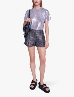 Shop Maje Womens Noir / Gris Short-sleeve Metallic-lamé Stretch-woven T-shirt