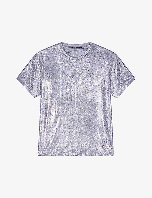 MAJE: Short-sleeve metallic-lamé stretch-woven T-shirt
