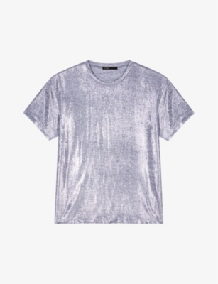 Shop Maje Women's Noir / Gris Short-sleeve Metallic-lamé Stretch-woven T-shirt