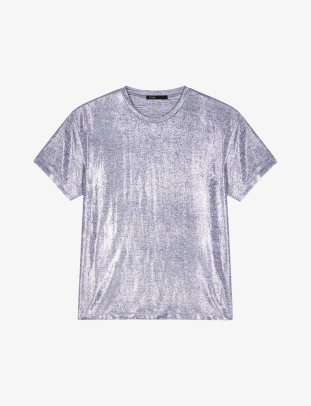 Short-sleeve metallic-lamé stretch-woven T-shirt