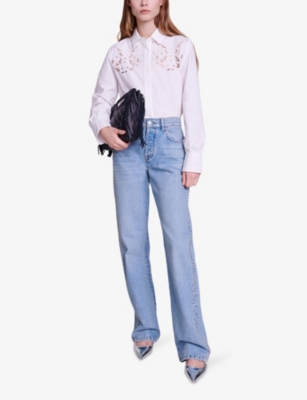 Shop Maje Womens Bleus Stud-embellished Wide-leg High-rise Denim Jeans