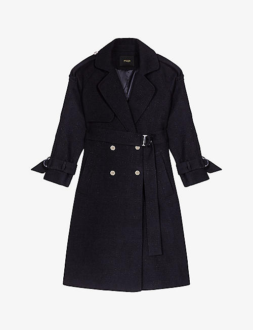 MAJE: Peak-lapel belted tweed trench coat