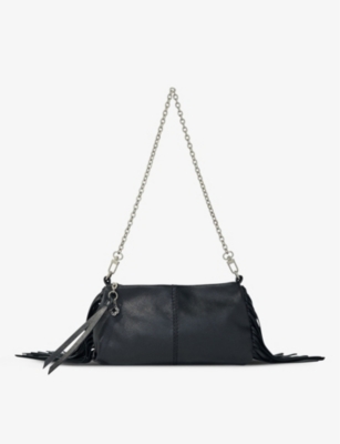 MAJE: Fringe-embellished leather clutch bag