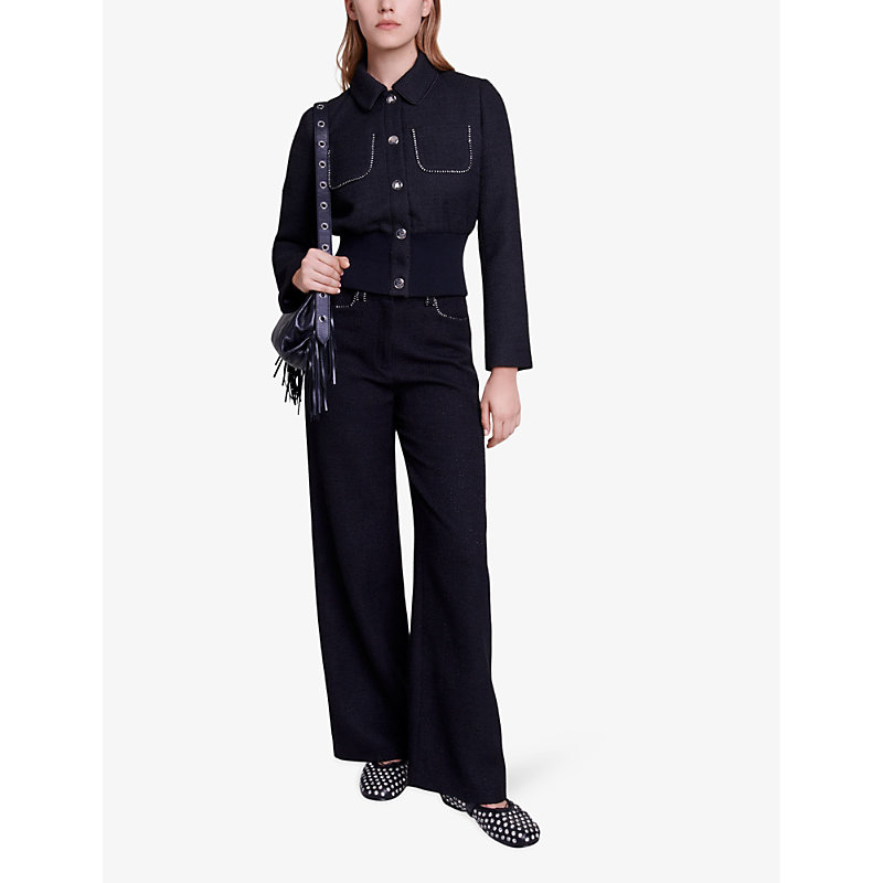 Shop Maje Womens Noir / Gris Chain-trim Patch-pocket Tweed Jacket