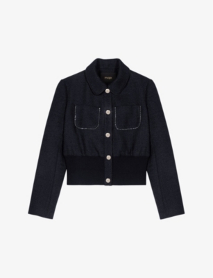 Shop Maje Women's Noir / Gris Chain-trim Patch-pocket Tweed Jacket