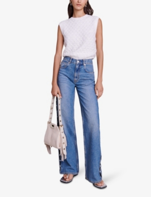 Shop Maje Womens Bleus Pearl-embellished Wide-leg Denim Jeans