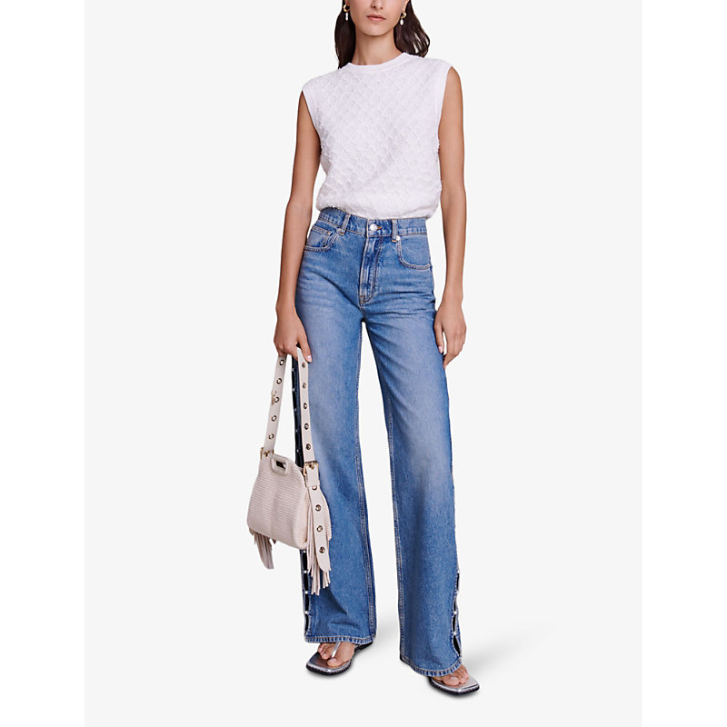 Shop Maje Women's Bleus Pearl-embellished Wide-leg Denim Jeans