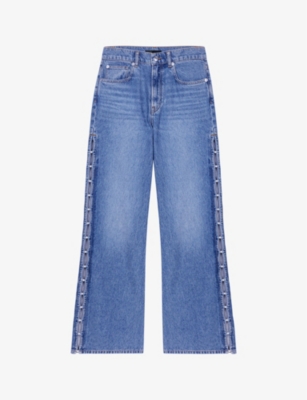 Maje Womens Bleus Pearl-embellished Wide-leg Denim Jeans