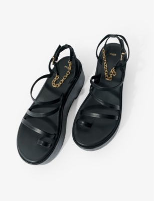 Shop Maje Women's Noir / Gris Chain-embellished Leather Wedge Sandals