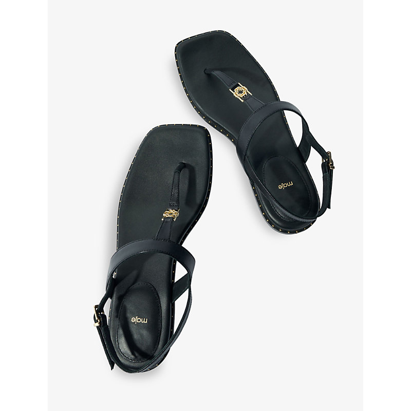 Shop Maje Womens Noir / Gris Clover-embellished Flat Leather Sandals