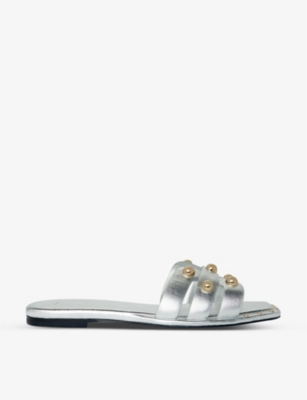 Shop Maje Women's Noir / Gris Stud-embellished Flat Leather Sandals