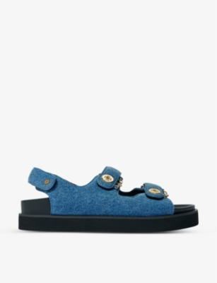 Shop Maje Womens Bleus Clover-embellished Flat Denim Sandals