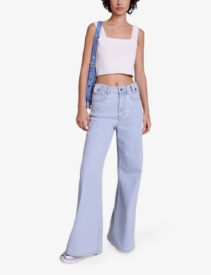 Maje Womens Blanc Square-neck Cropped Knitted Top In Blanc