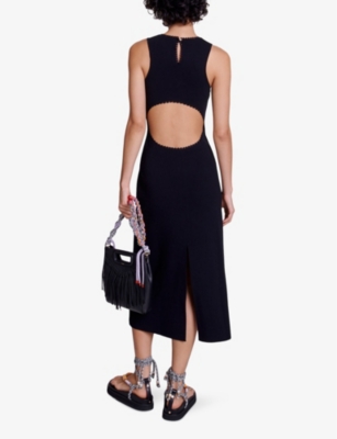 Shop Maje Womens Noir / Gris Scalloped-trim Cut-out Stretch-knit Midi Dress