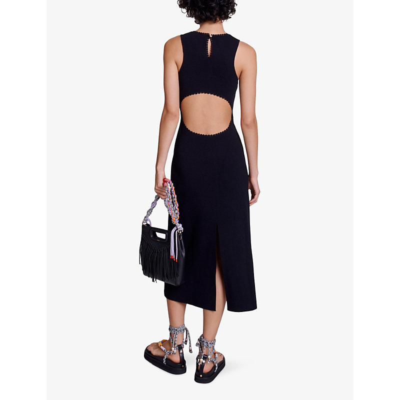 Shop Maje Womens Noir / Gris Scalloped-trim Cut-out Stretch-knit Midi Dress