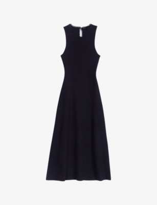 Maje Womens Noir / Gris Scalloped-trim Cut-out Stretch-knit Midi Dress