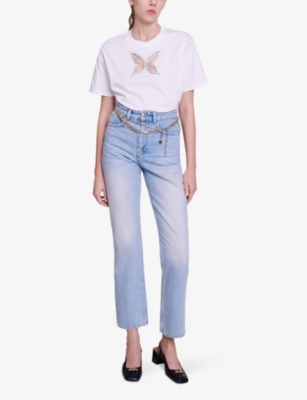Shop Maje Women's Blanc Rhinestone-embellished Butterfly Cotton T-shirt