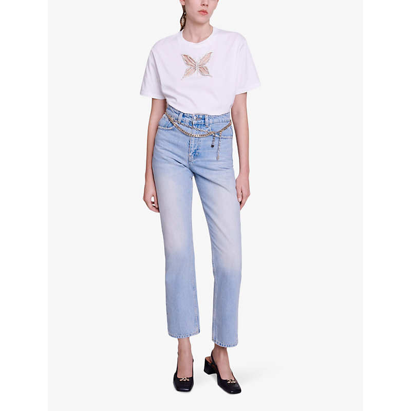 Shop Maje Womens Blanc Rhinestone-embellished Butterfly Cotton T-shirt