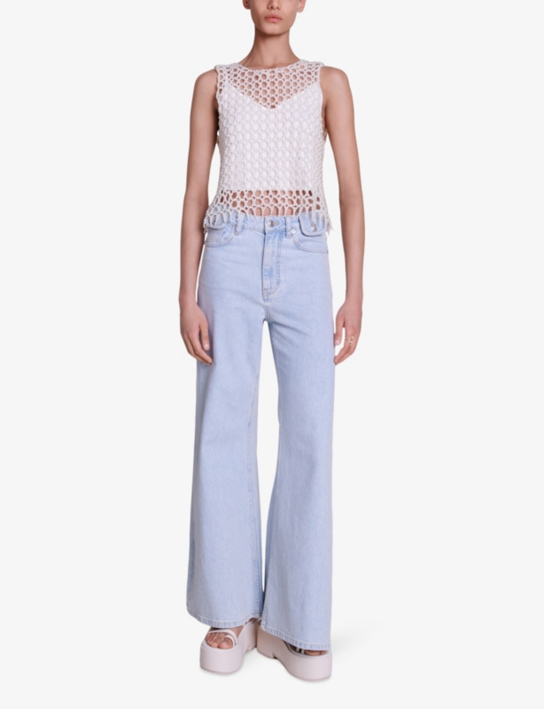 Bead-embellished cropped stretch-woven top