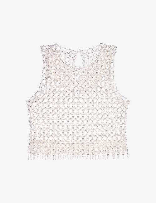 MAJE: Bead-embellished cropped stretch-woven top