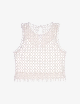 Maje Womens Blanc Bead-embellished Cropped Stretch-woven Top In Blanc