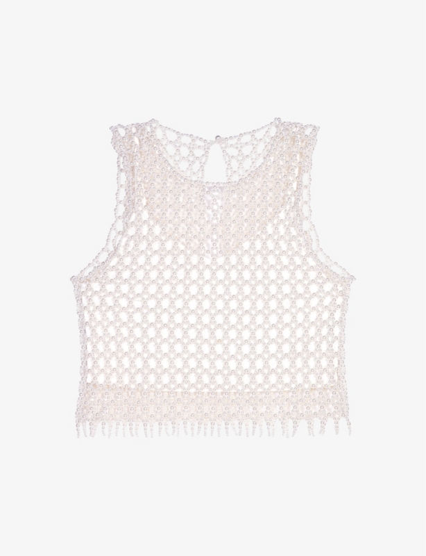 Bead-embellished cropped stretch-woven top