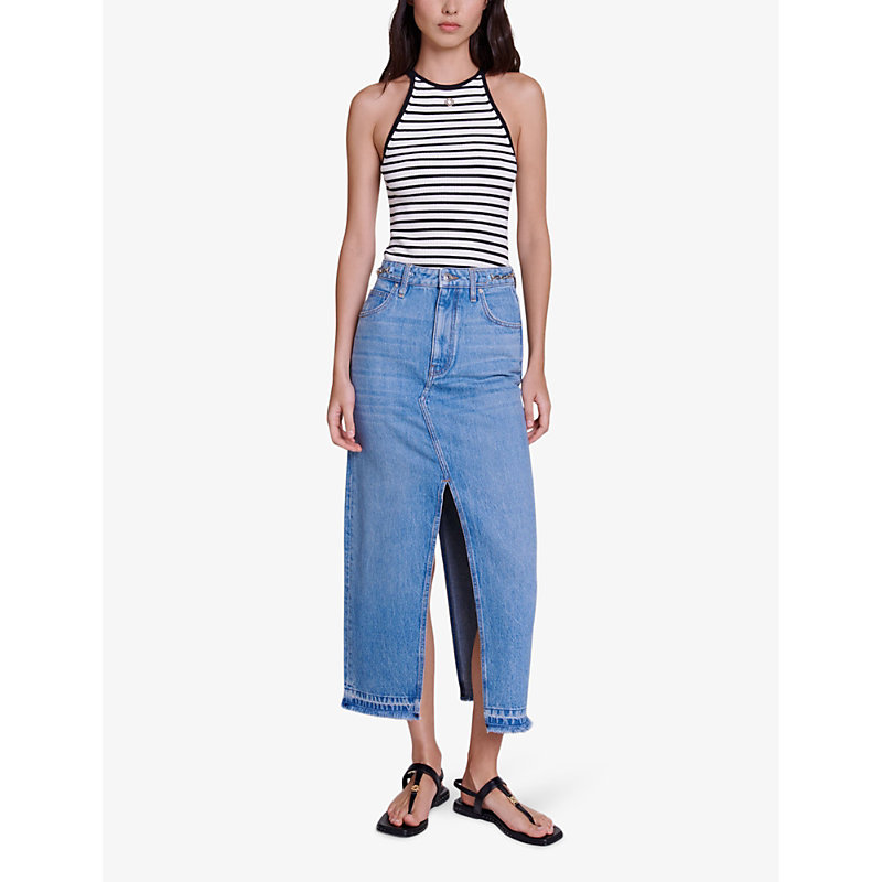 Shop Maje Women's Bleus Chain-waist High-rise Denim Maxi Skirt