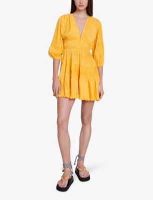 Shop Maje Womens Jaunes / Oranges Draped Flounced-hem Woven Mini Dress