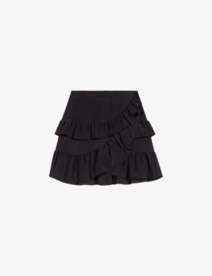 Maje Womens Noir / Gris Ruffle-trim Asymmetric Woven Mini Skirt